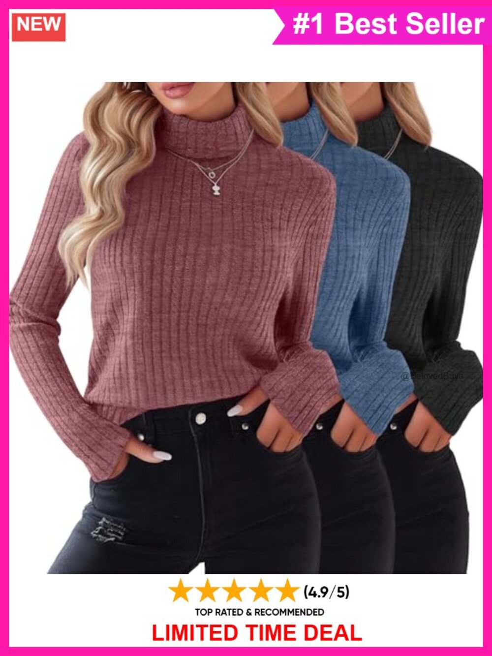 Women's Long Sleeve Turtleneck Knit Sweater Pullover 3 Pack